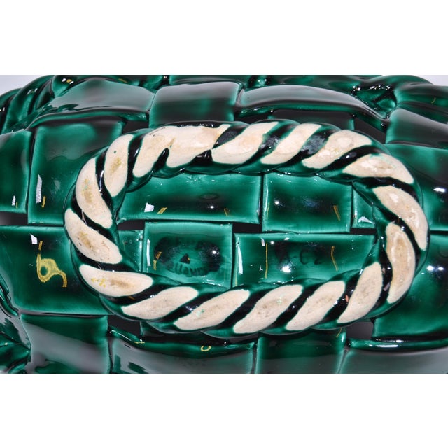 Vallauris France Glazed Woven Ceramic Basket Emerald Green Mid-Century Modern For Sale - Image 10 of 12