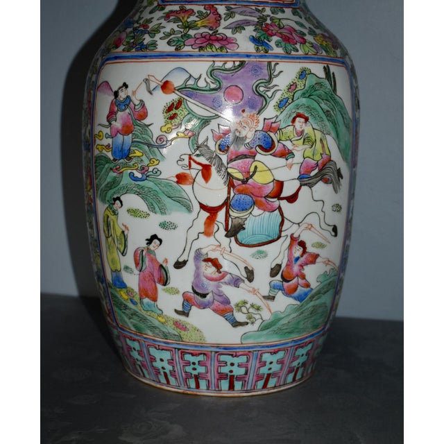 Vintage Chinese Painted Ceramic Vase W/Floral & Figural Details For Sale - Image 9 of 12