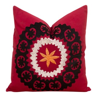 16"sq Black Scalloped Suzani Pillow Cover For Sale