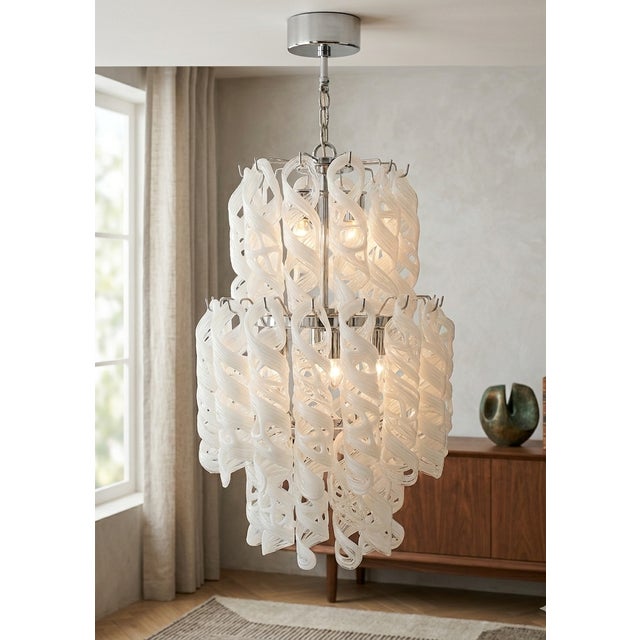 1960s Vintage Italian White Glass Spiral Chandelier – Mid-Century Modern For Sale - Image 5 of 6