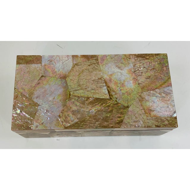 Original retail $520, stylish Made Goods Modern Large Brown Lip Cracked Shell Box, blue fabric lined interior, showroom...