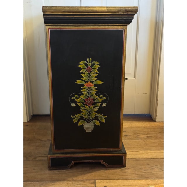 Asian Style Vintage Asian-Style Black Lacquer Cabinet / Nightstand, Hand-Painted Floral Motifs For Sale - Image 4 of 9