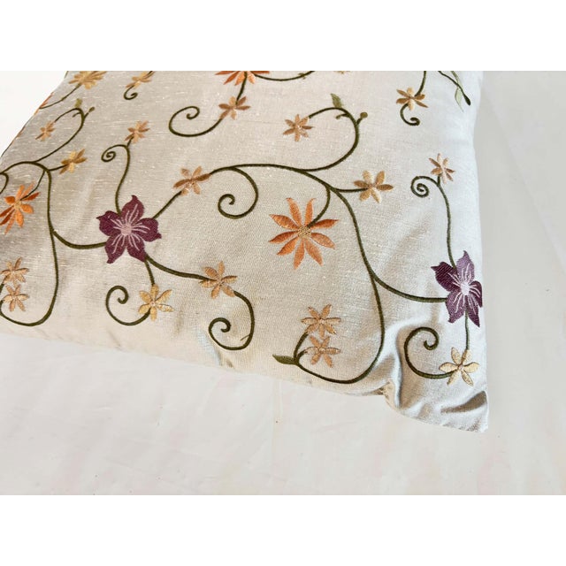 Brown and Beige Floral Embroidered Cushion, Hand-Crafted Fabric, India For Sale In Palm Springs - Image 6 of 10