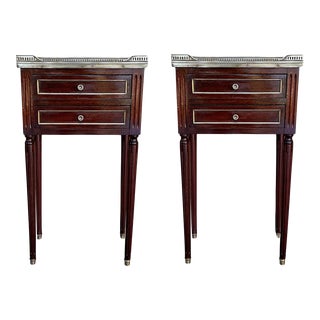 20th Century Pair of Louis XVI Style Marble-Top, Bronze and Walnut Nightstands For Sale