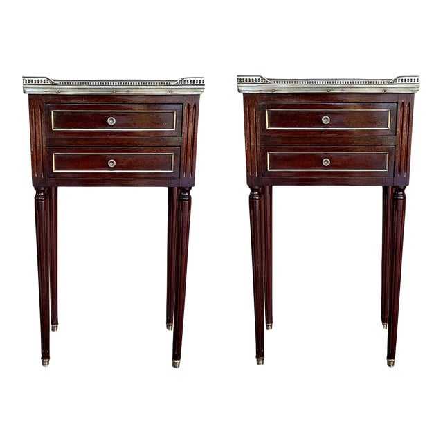 20th Century Pair of Louis XVI Style Marble-Top, Bronze and Walnut Nightstands For Sale