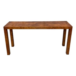 1970s Milo Baughman Style Burl Olive Wood Parsons Style Console Table For Sale