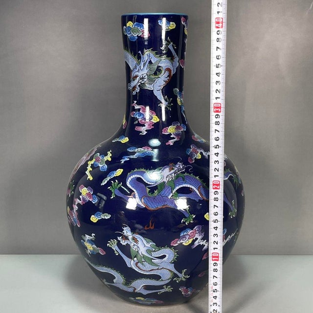 Chinese Large Chinese Dark Blue Glazed Porcelain Dragon Vase - 16" Tall For Sale - Image 3 of 9