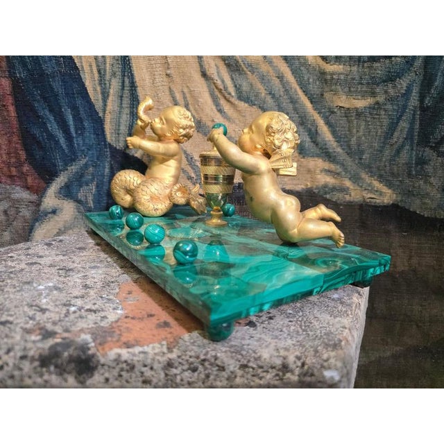 Gold 19th Century Italian Malachite and Ormolu Inkwell with Cupid and Mermaid, Mythol, 1890 For Sale - Image 8 of 11
