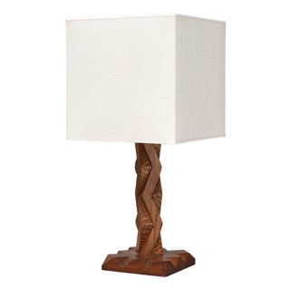 French Art Deco Geometric Oak Table Lamp with Linen Shade, Late 1930s For Sale