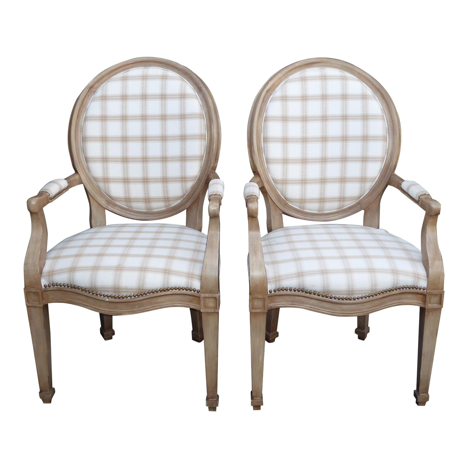 Vintage Henredon French Provincial White & Gray Plaid Accent Chairs a