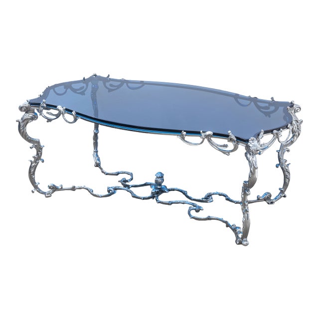 Maison Charles Regence Contemporary Blue Glass & Silver French Coffee Table For Sale