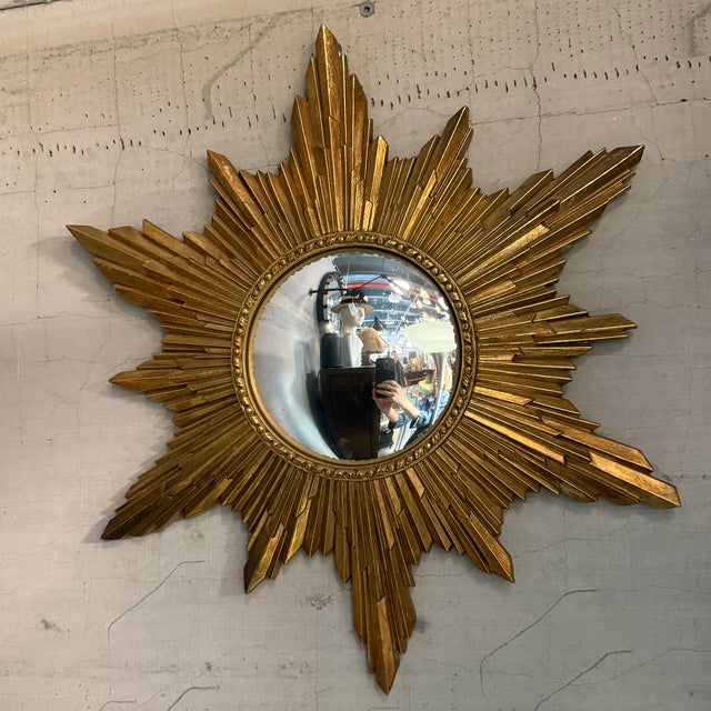 Mid 20th Century Petite Gilt Sunburst Convex Wall Mirror For Sale - Image 4 of 7