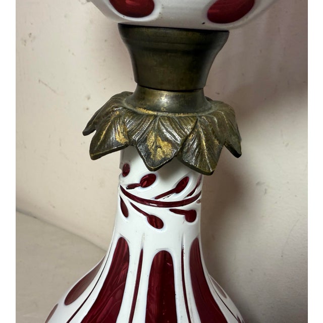 Antique 1800's Cut to Clear Cranberry Glass Stourbridge Bronze Oil Table Lamp For Sale - Image 4 of 14