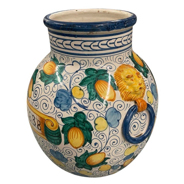 2000 - 2009 Vintage Italian Majolica Style Lion-Head Lemon Motif Ceramic Urn Vase For Sale - Image 5 of 12