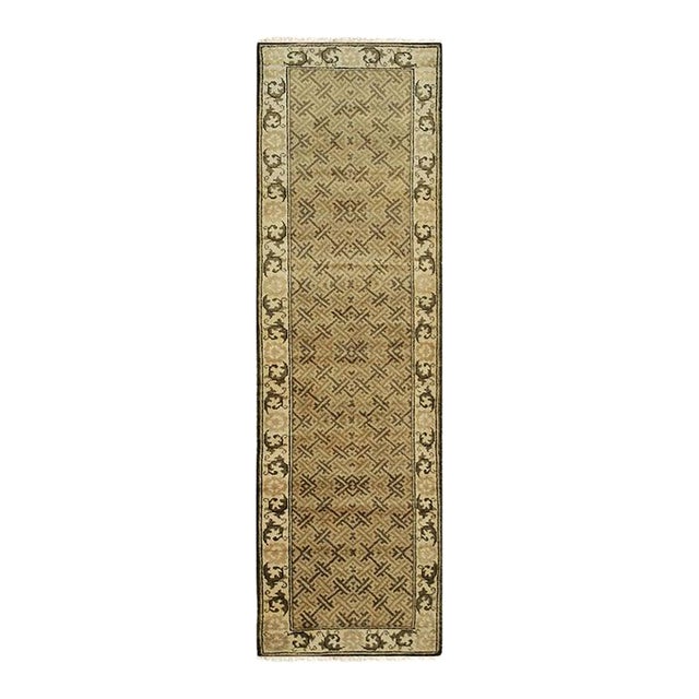 9x14 Green Hand-Knotted Wool Scrolled Leaf Border Geometric Modern Carpet Rug For Sale