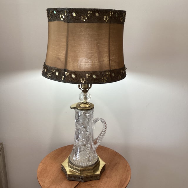Vintage Neoclassical Style Waterford Brilliant Cut Pitcher Vase Table Lamp With Beaded and Sequined Brown Shade For Sale - Image 12 of 12