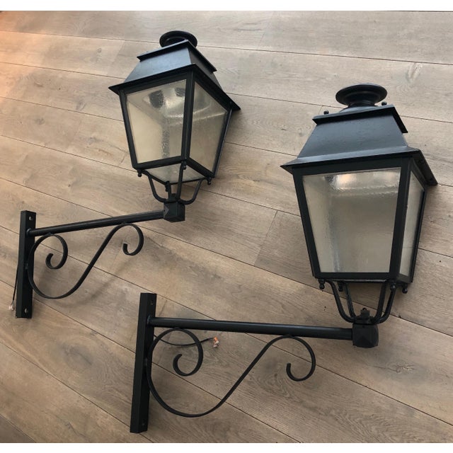 1950s Pair of Substantial Exterior Iron Lanterns on Brackets For Sale - Image 10 of 12