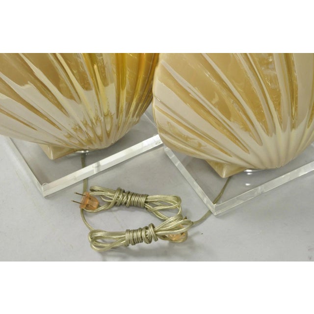 Late 20th Century Mid Century Modern Iridescent Gold Ceramic Pottery Clam Shell Table Lamp - Pair For Sale - Image 12 of 15