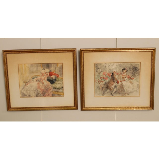 High Quality Vintage 1930's Pair of Gilt Wood Framed Etchings by Antoine Calbet