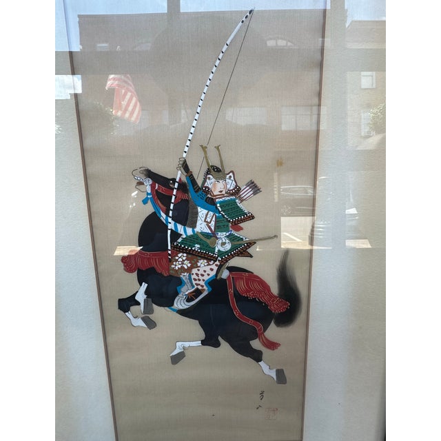 Japanese Vintage Pair of Paintings on Silk- Samurai on Horseback For Sale - Image 3 of 12