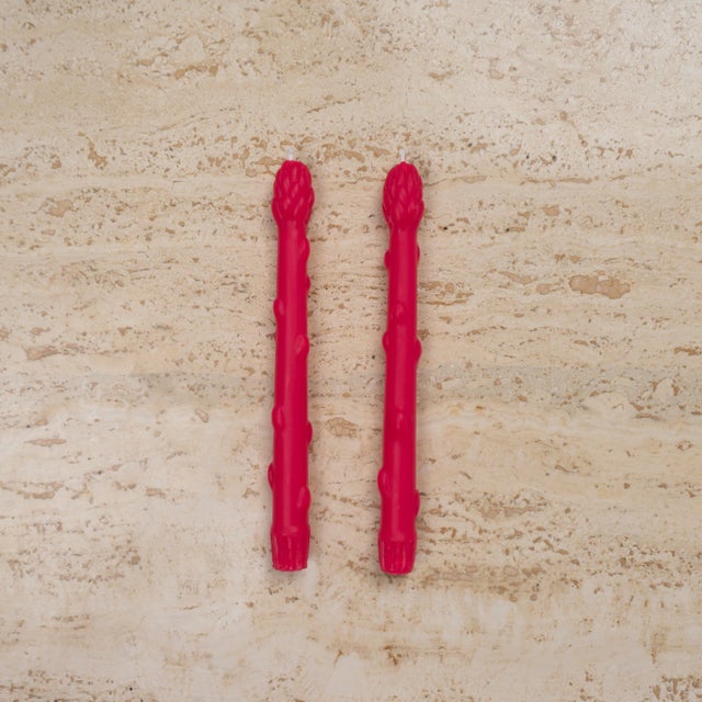 Asparagus Beeswax Taper Candles in Dragonfruit Pink - a Pair For Sale - Image 4 of 5
