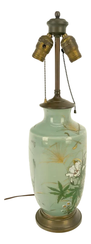 Large 22" Tall Vase Shape Green Pottery & Brass Hand Painted Table Lamp MINT