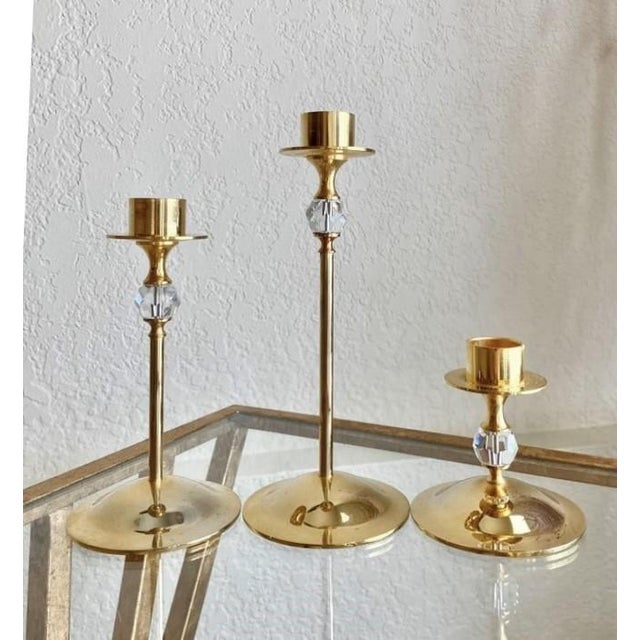 Late 20th-Century Hollywood Regency-Style Brass & Crystal Graduated Candlestick Trio, Hong Kong For Sale - Image 9 of 16
