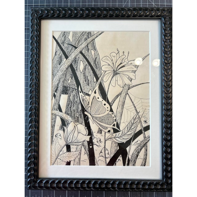 Art Deco 1978 Original Pen and Ink Drawing Set of 2, Framed, Mushrooms and Butterflies For Sale - Image 3 of 10
