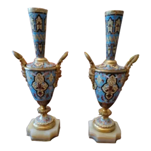 Antique Champleve French Urns Bronze Figural Heads- Set of 2