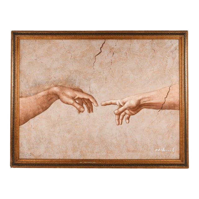 Framed Signed Creation of Adam After Michelangelo Oil on Canvas For Sale