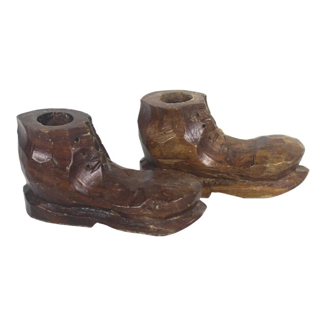 Vintage Folk Art Hand Carved Wood Boot Candleholders, a Pair For Sale