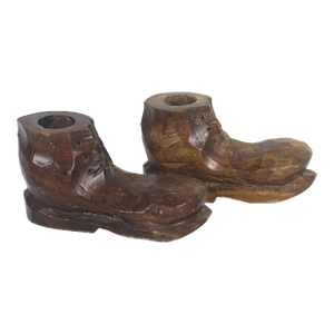 Vintage Folk Art Hand Carved Wood Boot Candleholders, a Pair