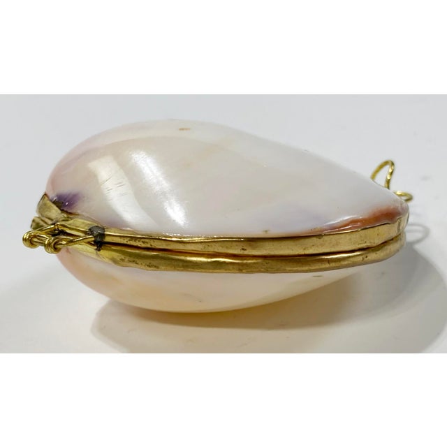 Stunning pearlized clam shell trinket box. Brass frames edge of shell with a wired hinge at back and brass clasp to front....