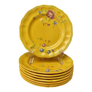 Longchamp Mustard and Floral Faience Salad Plates - Set of 8 For Sale