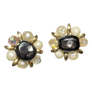 Rare Vintage Crown Trifari Signed Lampwork Glass Clip on Earrings Cluster Beads, A Pair For Sale