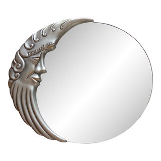 Vintage 1980s Half Moon Face Round Mirror Wall Mirror Silver/ Gold For Sale