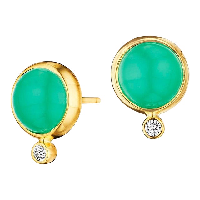 Syna Chrysophrase Yellow Gold Baubles Earrings with Diamonds, a Pair For Sale