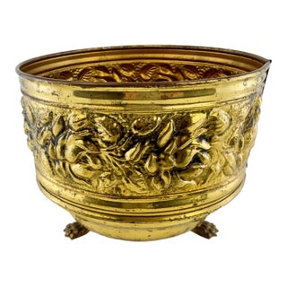 Vintage English Embossed Brass Footed Planter Cachepot For Sale