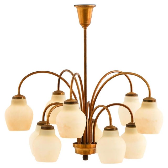 Cream Ceiling Lamp in Brass and Glass from Ansgar Fog & Erik Mørup, 1940s For Sale - Image 8 of 8