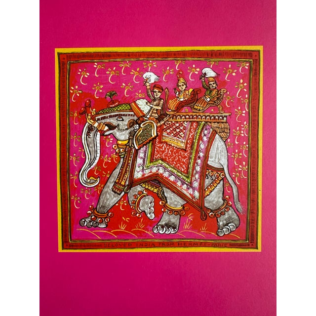 1980s Authentic Original Hermès “Beloved India” Silk Scarf Art Print Framed Elephant Miniature French Luxury Wall Art Advertisement For Sale - Image 5 of 5