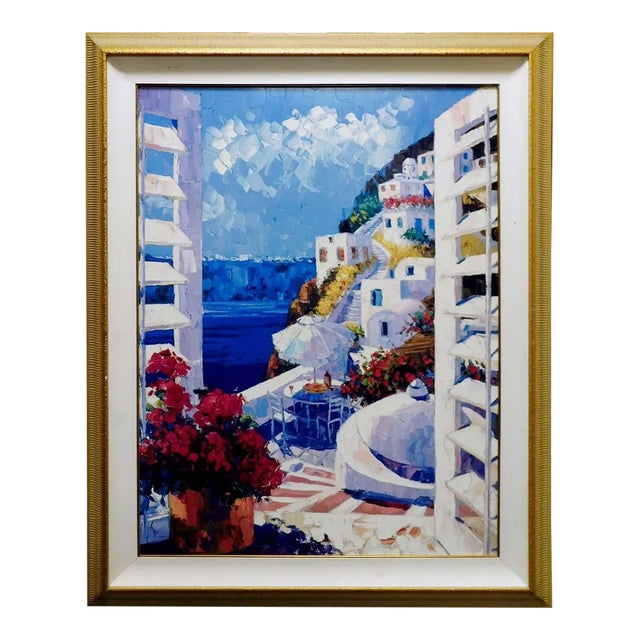 "View to Santorini" Original Print on Canvas by Barbara McCann, Framed, Hand Signed For Sale