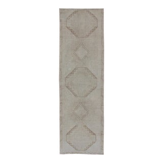 Grey and Cream Vintage Turkish Oushak Runner With Geometric Tribal Design For Sale