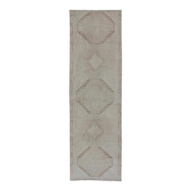 Grey and Cream Vintage Turkish Oushak Runner With Geometric Tribal Design For Sale