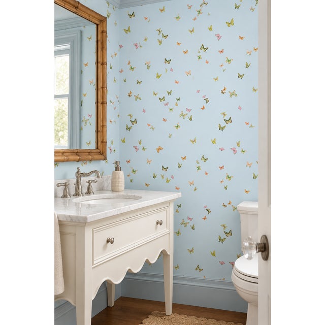 Chinoiserie Butterfly Grove Grasscloth Wallpaper by House Party | Wisteria Blue | 6 Yards For Sale - Image 3 of 10