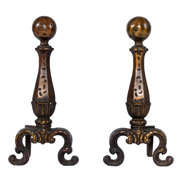 Pair of Fire Dogs Andirons With Hammered Texture and Cannonball Crown For Sale