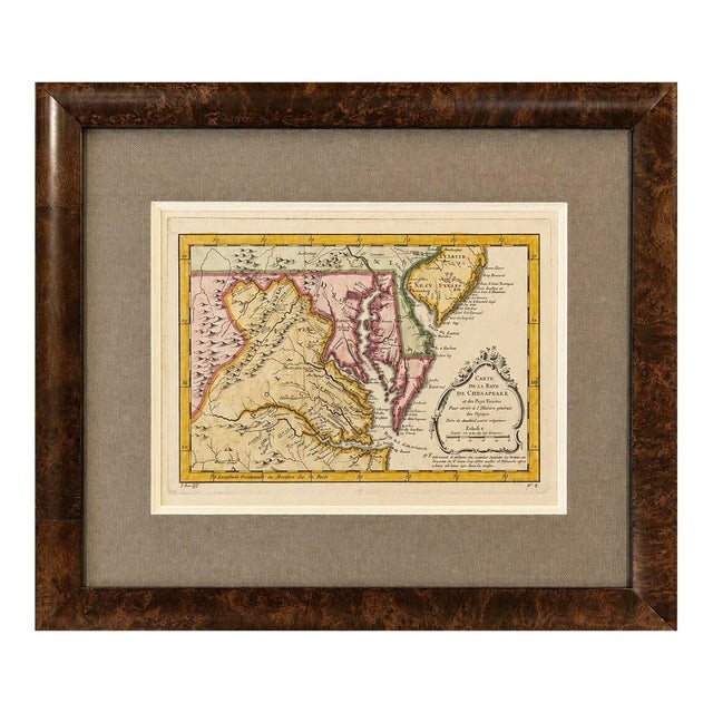 Original 1757 Hand-Colored Chesapeake Bay Map by Jacques-Nicolas Bellin | Copper Engraving | Custom Framed For Sale