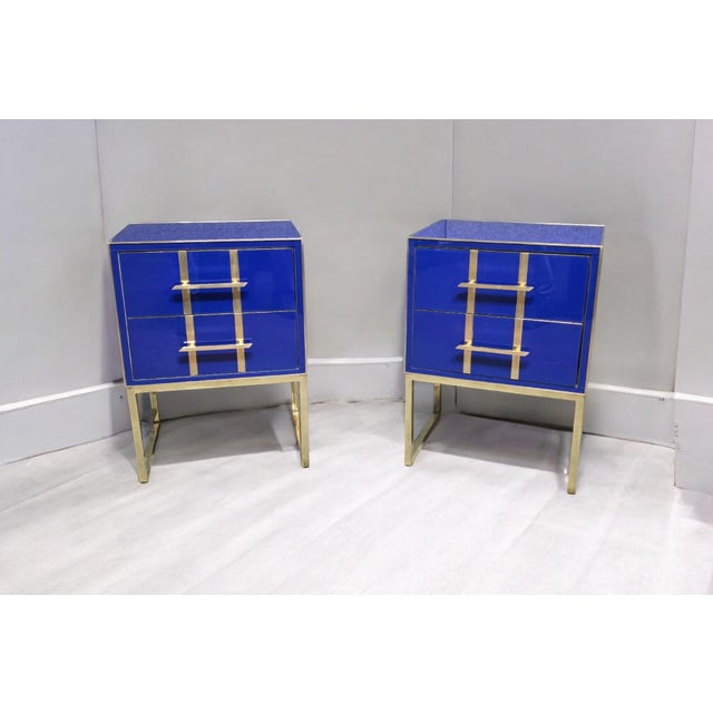 Modern Pair of Blue Glass Bedside Tables Made in Italy Justfurnituress Designer For Sale - Image 3 of 12