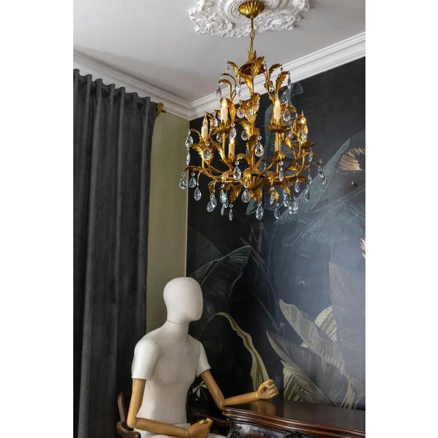 Metal Hollywood Regency Style Gilt Metal and Crystal Glass Six-Light Chandelier, Italy For Sale - Image 7 of 18