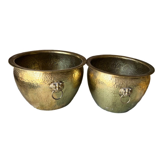 Set of 2 Large Vintage Chinese Foo Dog Brass Indoors Planters For Sale