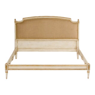 1940s French Louis XVI Style Queen Size Painted Burlap Bedframe For Sale